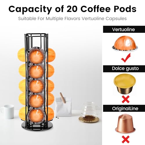 Image of Coffee Pod Stand Holder for Nespresso Vertuoline 20 Pods, Coffee Bar Vertuo Pod Organizer Rack, 360 Rotating Coffee Capsule Holds Storage, 20 Pods Holder Spinner for Nespresso Vertuo Line (Black)