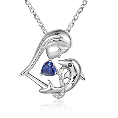 Presentimental Collier personnalisé avec 2 Noms Pendentif Argent 925 avec 2 Noms avec breloque Cygne/Dauphin/Renard Pendentif personnalisé Bijoux pour Femme/Anniversaire de Maman pour Elle(Dolphin) Cover