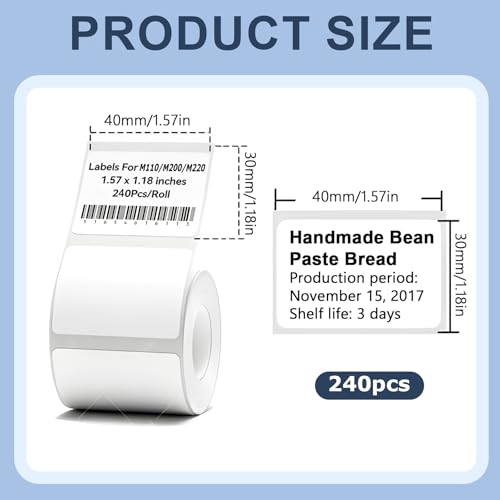 2 Rollen Etikettenband Papier, Thermo Etiketten Selbstklebend für Etikettierer M110/M220/B3S/T50PRO, 40 x 30 mm, Thermo-Etikettenband für Schule, Zuhause, Büro, 240 Etiketten/Rolle(Weiß)