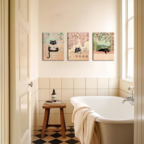 Japanese Bathroom Wall Art Set of 3, Cute Black Cat Bathtub Wall Decor, Funny Animal Reading Newspaper Canvas Prints for Bathroom Bedroom Laundry Room 16x24 inch Framed by Mynotix - Used condition - Image 2