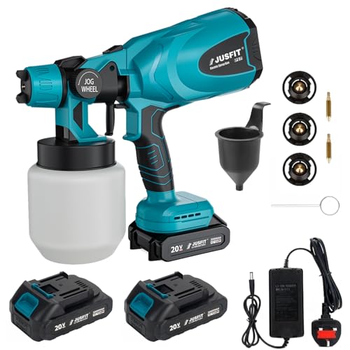 Cordless Paint Sprayer, 20V Paint Spray Gun With 3 Nozzles,800ML Detachable Container, Paint Sprayer for Fences,Sheds,wood,Wall Latex and Metallic (Blue（2 Batteries）)