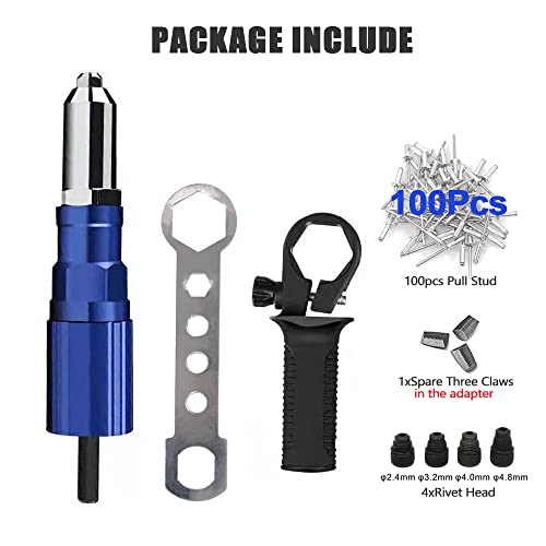 Rivet Gun Adapter Kit, Riveting Gun Head Tool for Cordless Drill, with 4 Rivet Head/Removable Handle/100pcsx4.0mm Studs