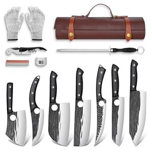 TIVOLI Butcher Knife Set for Meat Cutting, 13Pcs Upgraded High Carbon Steel Hand Forged Kitchen Knife Set with Roll Bag, Viking Chef Knife Set for Kitchen Outdoor BBQ
