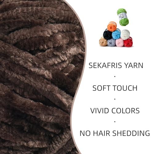 Image of 3 Pack Plush Chenille Chunky Yarn - Fluffy Velvet Yarn Crochet for Blanket Knitting and Crocheting - Soft Baby Yarns for Crocheting - Amigurumi Crochet Yarns 100g (87dy) (Beige+Brown+Coffee