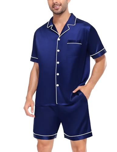 Image of SWOMOG Satin Matching Pajamas Sets Couple Silk Button Down Nightwear Women & Men Short Sleeve Sleepwear 2 Pieces Loungewear