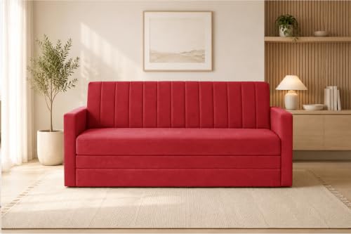 Image of Los Angeles Modern Velvet 3-Seater Sofa Cum Bed with Armrest, Multipurpose Convertible Sleeper Couch Sofa for Living Room, Bedroom & Office- Red Color