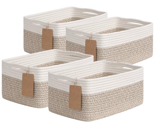 Goodpick 4 Pack Storage Baskets for Shelves, Rectangle Woven Baskets for Organizing, Cotton Rope Storage Bins for Baby Toys, Decorative Basket for Gifts, 13''L x 8''W x 6''H, Brown & White