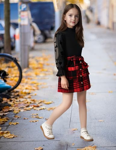 Image of Toddler Girl Clothes Girls Outfits Flare-lace Sleeve Top and Plaid Skirt Dress Fall Winter 2Pcs Girls Clothes 5-12T