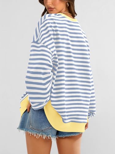 Image of PRETTYGARDEN Womens Striped Oversized Sweatshirt Color Block Crew Neck Long Sleeve Casual Loose Pullover Top Y2K Clothes