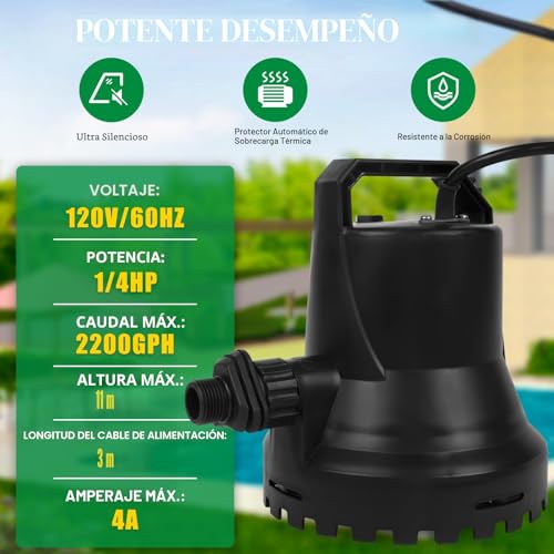 Miniatura 3 de Hocanflo Bomba De Agua Sumergible De 400 W, 8000 L H, Para Estanques De Jardín, Piscinas Y Sótanos, Con Encendido Apagado Automático