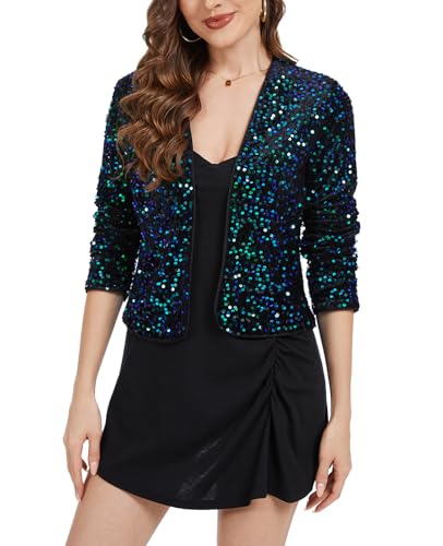 MINTLIMIT Women Sparkle Sequin Blazer Jackets Long Sleeve Glitter Open Front Shiny Dressy Jacket Green