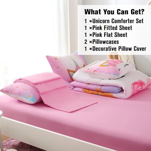 JQinHome Jogo de cama de solteiro unicórnio para meninas e crianças, cama em um saco, 3D, colorido,