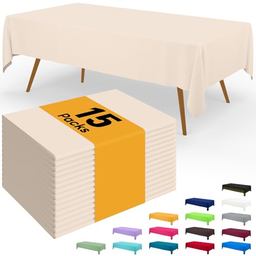 Image of Smiry Disposable Table Cloth - 15 Pack, 54 x 108 Inch Waterproof Rectangle Tablecloths for Parties, Decorative Plastic Table Cover, Leakproof & Sturdy, Ivory