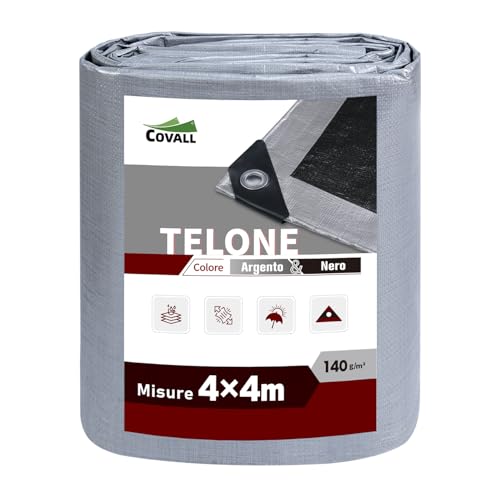 Covall Telo Telone Teloni Occhiellato impermeabile Bicolore 140g/m² Telo per carichi pesanti Telone Argento/Nero tetto piscina auto camion Rv champing tenda costruzione giardino pet shed Tarp.(4x4m)