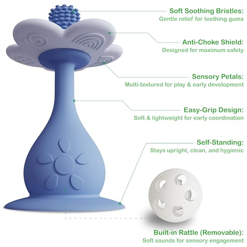 Image of Flower Teether Rattle, Silicone Baby Teething Toy 0-24M [Blue] | 360 Multi-Texture, Nipple-Shaped End, Anti-Choking Design, Stand-Up Base, Baby Girl & Boy Teether, BPA-Free, Teething Relief