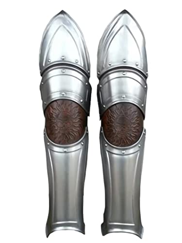 NAUTICALMART Steel Warrior Greaves - Leather & Metal Leg Greaves - Pair Steel Armor Leg Greaves