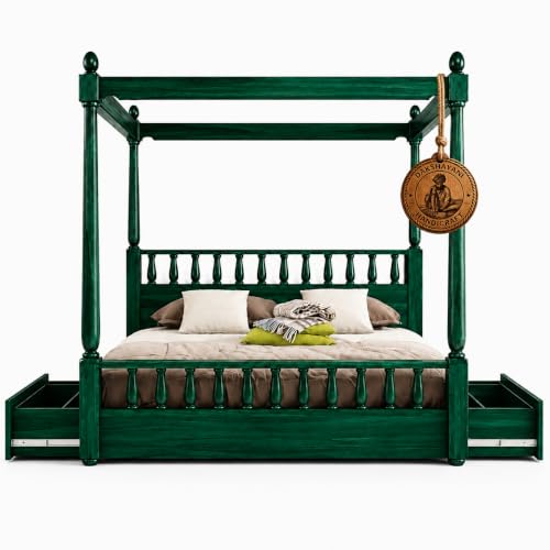 Image of Sheesham Solid Wood Allure Poster Bed for Bedroom | Handmade Wooden Cot | Elegant Four Poster King Size Bed Frame (Green, King, Allure with Storage)