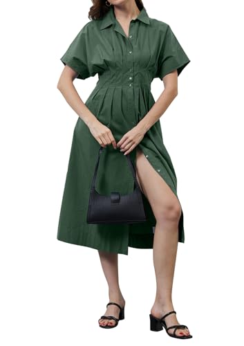 Image of calbatic Women Striped Button Down Pleated Shirt Dress Summer Short Sleeve Ruffle A Line Swing Long Blouse Midi Long Dress