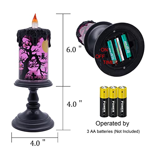 Image of Halloween Flameless Candle Snow Globe Battery Operated with 6 Hour Timer, Purple Light Ghost Decal Water Tornado Lamp LED Candlestick Halloween Season Decor Gift 4 x 10 Inches