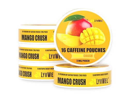 Image of LyvWel 72mg Caffeine Energy Pouches - Mango Crush - Tropical Clean Energy with Guarana - 5-Pack (80 Total Pouches)