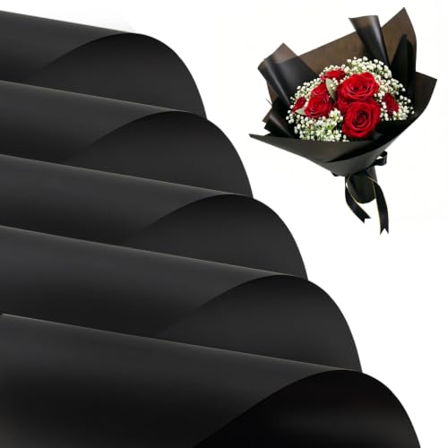 BEISHIDA 20 PCS Black Floral Wrapping Paper-Matte Waterproof Flower Wrapping Paper Bouquet for Florist Supplies DIY Crafts Gift Packaging Valentine Mothers Day Birthday Wedding Gift