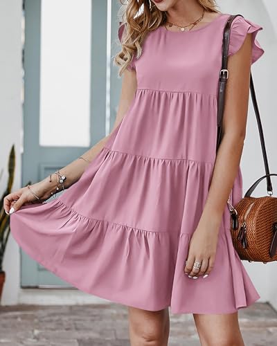 Image of KIRUNDO Summer Dresses for Women Sundress Sleeveless Ruffle Sleeve Round Neck Loose Short Flowy Pleated Mini Babydoll Dress