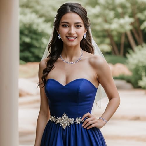 BriLove Wedding Jewelry Set for Women Bride, Gorgeous Stunning Crystal Flower Leaf Cluster Choker Necklace Link Bracelet Stud Earrings for Bridal Bridesmaid Royal Blue Silver-Tone by BriLove - Used condition - Image 3