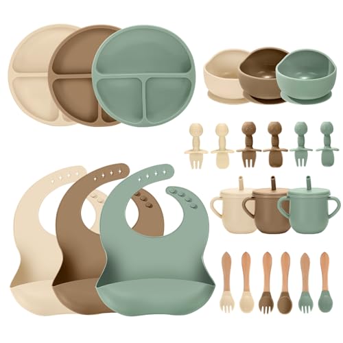 JELLDJK 24 PCS Silicone Baby Feeding Set, Baby Led Weaning Supplies Includes Suction Bowls and Divided Plates, Adjustable Silicone Bib, Spoons&forks, Training cup with straw (Green+Brown+Beige)