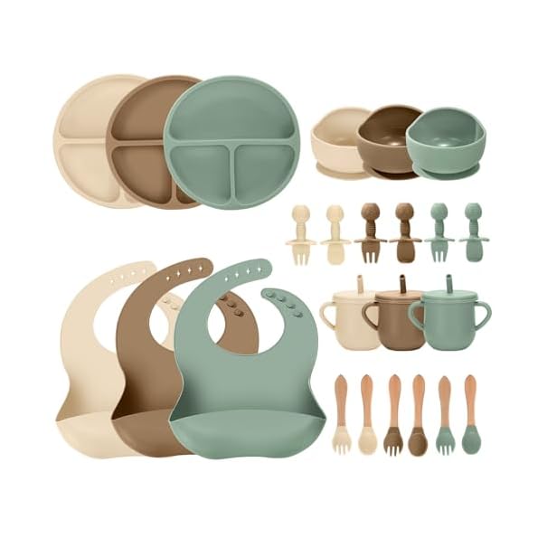 24-PCS-Silicone-Baby-Feeding-Set-Baby-Led-Weaning-Supplies-Includes-Suction-Bowls-and-Divided-Plates-Adjustable-Silicone-Bib-Spoonsforks-Training-cup-with-straw-GreenBrownBeige