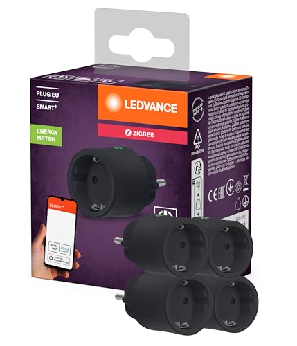 LEDVANCE SMART+ Smarte Steckdose für Innen mit ZigBee Technologie, bindet konventionelle Geräte ins Smart Home ein, misst und spart Stromverbrauch, kompatibel mit Alexa oder Google, schwarz, 4er-Pack
