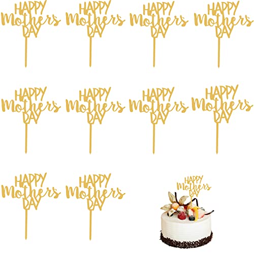 Happy Mothers Day Cake Topper, 10PCS Acrylic Glitter Mother's Day Cupcake Topper Decoration Picks for Birthday Mother's Day Cake Party Supplies (Gold -2)