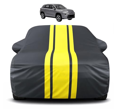 Image of Auto Hub Car Cover for Toyota Hyryder, Yellow-Black | Mirror Pocket, Soft Cotton Lining, Waterproof