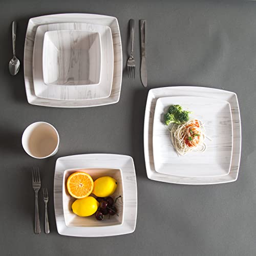 Melamine Dinnerware Set 16Pcs Wood-Looking - Dish Dishware Square Mugs Tumbler Wood Grain Woodland Plastic Outdoor Plates Bowls Durable Service For 4 #TOP4