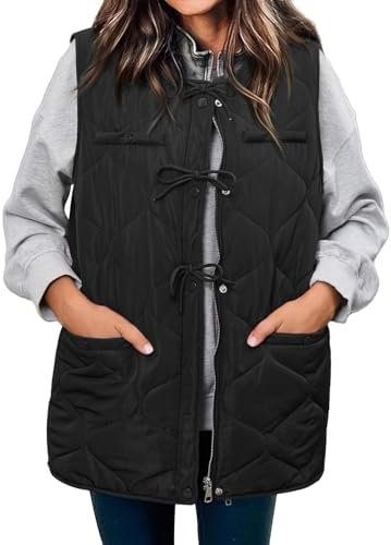 ECOWISH Puffer Vest Women 2025 Sleeveless Quilted Jacket Bow Button Zip Up Fall Winter Coat Padded Gilet Outerwear
