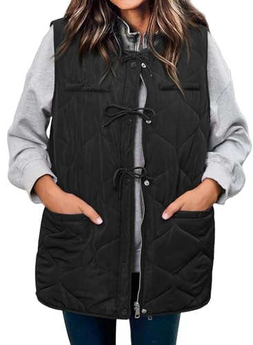 ECOWISH Puffer Vest Women 2025 Sleeveless Quilted Jacket Bow Button Zip Up Fall Winter Coat Padded Gilet Outerwear