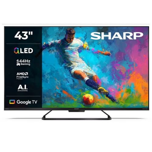 SHARP 43HR7365E – Google TV, 43' UHD, Rahmenlos, 144 Hz, QLED HDR10, Dolby Vision HDR, Google Assistant mit Mikrofon, Chromecast, Bluetooth, Dolby Atmos 2x10 W, HDMI 2.1 x4, USBx2, Farbe Schwarz