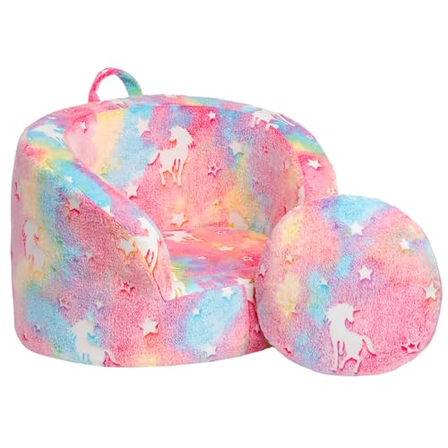 BEJOY Sofá Infantil Acolchado con Espuma Snug, Muebles ergonómicos para habitación Infantil con Cojines Redondos para niños y niñas, algodón de azúcar con Unicornios