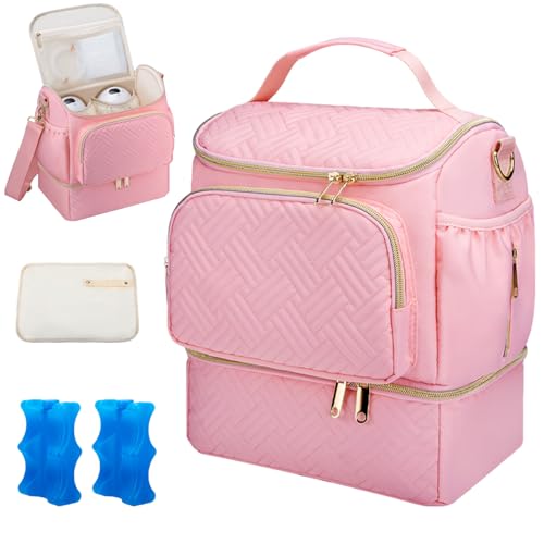 Image of Wearable Breast Pump Bag with Cooler Compartment Compatible with Willow/Elvie/Medela/Momcozy M5/S12 Pro, Breast Milk Cooler Travel Bag with Ice Pack & Mat, Pumping Bags for Work, Pink