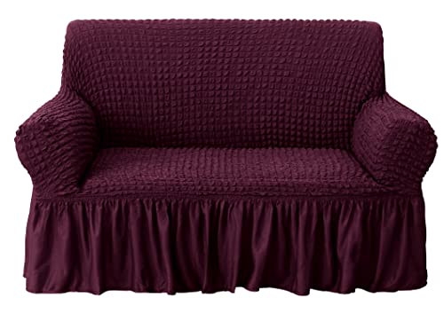 Image of House of Quirk Turkish Bubble Frill 280 GSM Sofa Slipcovers, Durable Washable Universal Double Seater High Elastic Furniture Protector (Wine, 145-185cm)