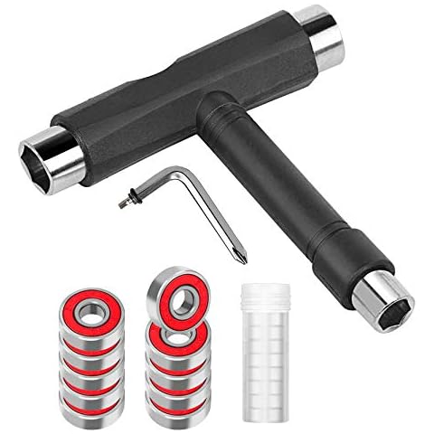 Pimoys 12Pcs Skate Tools, Multi-function Skateboard T Tool Portable Skateboard Accessory L-Type Cross Head Wrench 10Pcs Skateboard Ball Bearings Cover