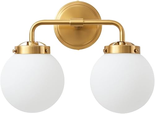 Miniatura 8 de Deyidn Lámparas de tocador de baño sobre el espejo, 2 luces de latón dorado moderno iluminación de pared con pantallas de bola de vidrio lechoso,