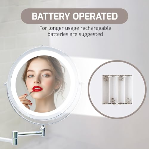 Image of OVENTE 9 inch Wall Mounted Lighted Makeup Mirror, Polished Chrome MFW85CH1X10X | Cordless Double Sided 1X /10X Magnifying Mirror for Bathroom with LED Lights, 360 Rotation, Extendable Arm, Battery Operated