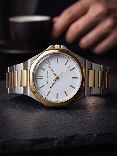 Image of AMERICANVIBER Modern Analog Watch, Silver and Black Two-Tone Stainless Steel Band, Octagonal Case, White Dial for Men