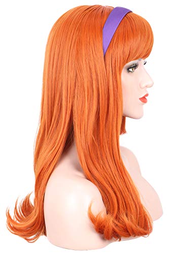 Karlery Adult Women Long Curly Orange Bangs Daphne Wig Halloween Cosplay Costume Party Wig (Free Purple Headband And Wig Cap) #TOP4