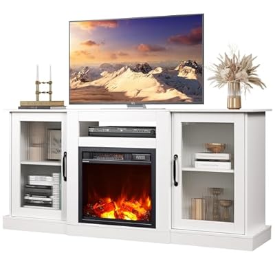 WLIVE Fireplace TV Stand for 65" TV, Entertainment Center with 18 Inch Electric Fireplace, TV Console with Open Shelves for Living Room and Bedroom, White