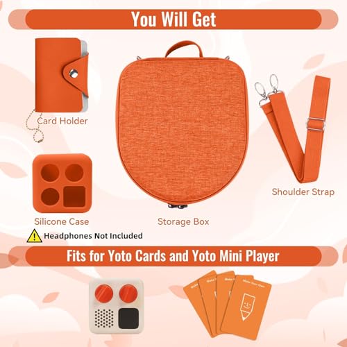Image of Hard Case Compatible with Yoto Mini (2024 Edition), 3-in-1 Travel Bundle: Silicone Cover + Case with Shoulder Strap (Fits Mini Player & Headphones) + Up to 10 Card Holder for YOTO Cards (Orange)