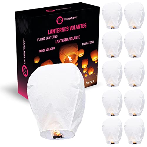 TellementHappy™ Lanterne chinoise volante 100% biodégradable blanche Lot de 30 qualité supérieure en papier Le Lampion mesure 90cm*60cm idéal pour vos événements mariage fêtes nouvel an