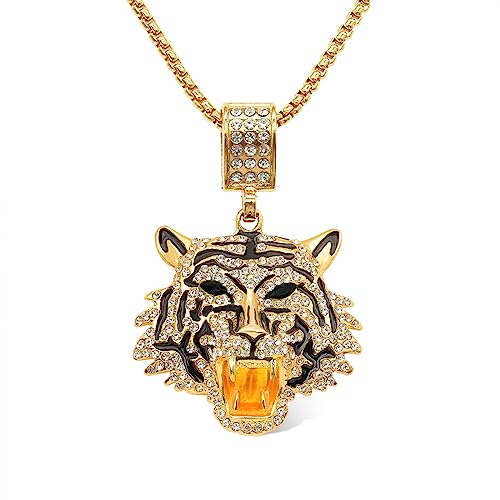 YOOESTORES82 Punk Rhinestone Tiger Pendant Necklace.Hip Hop Cubic Zirconia Tiger Head Necklaces for Men Lion's Head Crystal Chain Necklaces Party Jewelry
