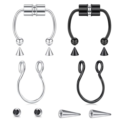Longita Fake Septum Ring Non Piercing Fake Septum Piercing Faux Nose Jewelry Clip on Temporary no Pierced Horseshoe Silver Black for Halloween