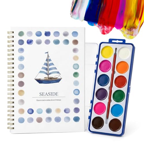 dienjason 2Pcs Watercolour Workbook Set Watercolour Paint Set Sailing Boat Watercolour Art Kit Ideal for Artists and Beginners Includes One Watercolour Book and A Set of Pigments